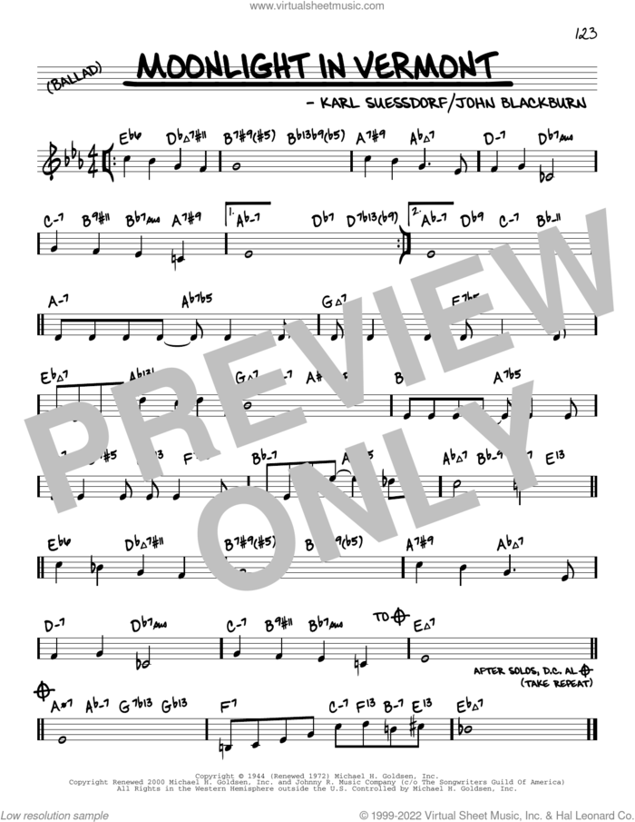 Moonlight In Vermont (arr. David Hazeltine) sheet music for voice and other instruments (real book) by Karl Suessdorf, David Hazeltine and John Blackburn, intermediate skill level