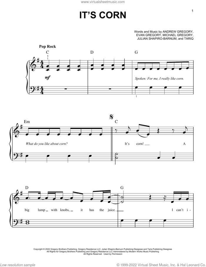 It's Corn (feat. Tariq) sheet music for piano solo by The Gregory Brothers, Andrew Gregory, Evan Gregory, Julian Shapiro-Barnum, Michael Gregory and Tariq, easy skill level