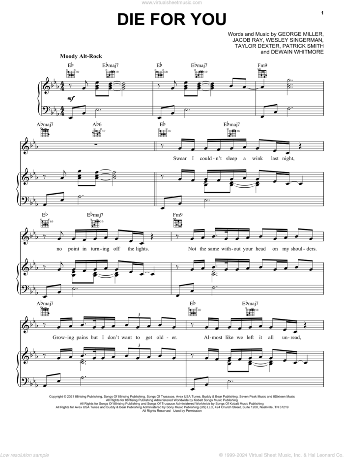 Die For You sheet music for voice, piano or guitar by Joji, Dewain Whitmore, George Miller, Jacob Ray, Patrick Smith, Taylor Dexter and Wesley Singerman, intermediate skill level