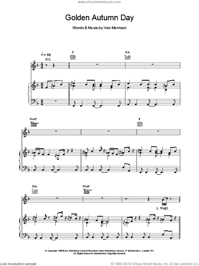 Golden Autumn Day sheet music for voice, piano or guitar by Van Morrison, intermediate skill level