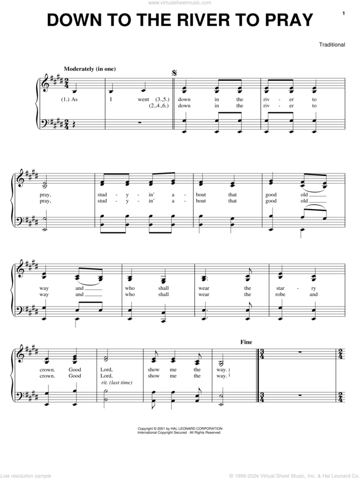 Down To The River To Pray sheet music for voice and piano , Alison Krauss and O Brother, Where Art Thou? (Movie), intermediate skill level