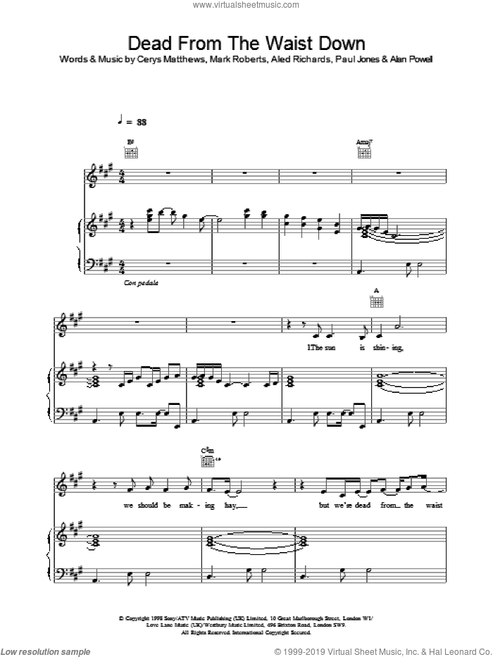 Dead From The Waist Down sheet music for voice, piano or guitar by Catatonia, intermediate skill level