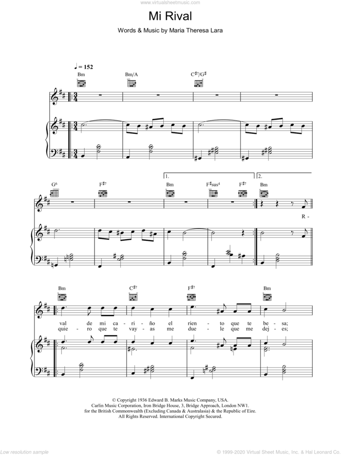 Mi Rival sheet music for voice, piano or guitar by Placido Domingo, classical score, intermediate skill level