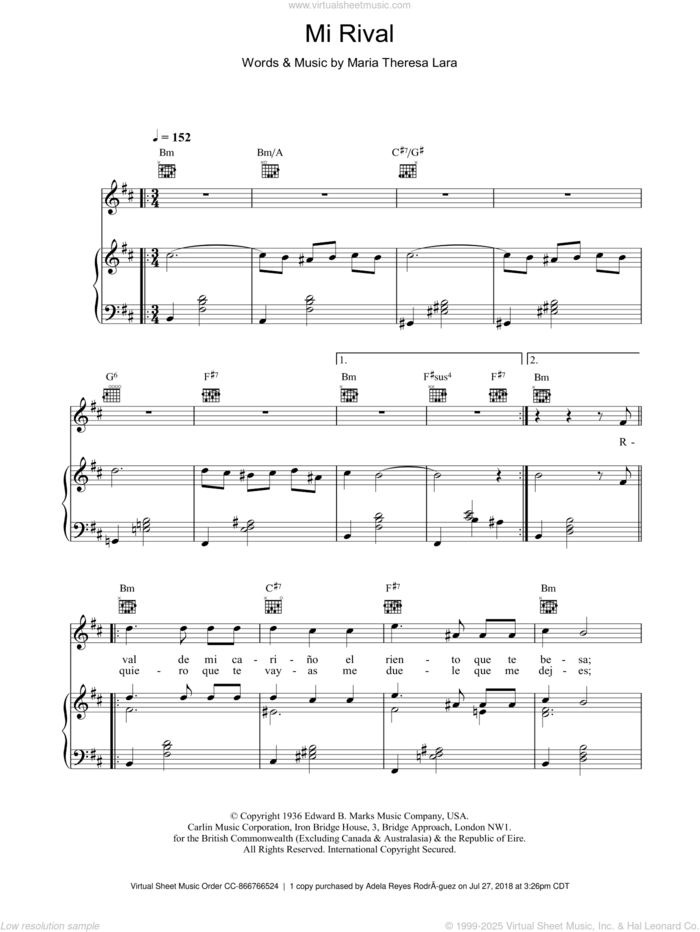 Mi Rival sheet music for voice, piano or guitar by Placido Domingo, classical score, intermediate skill level