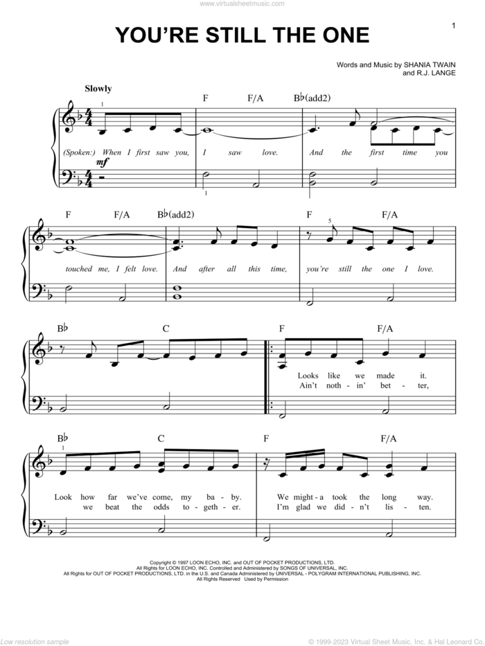You're Still The One sheet music for piano solo by Shania Twain and Robert John Lange, beginner skill level