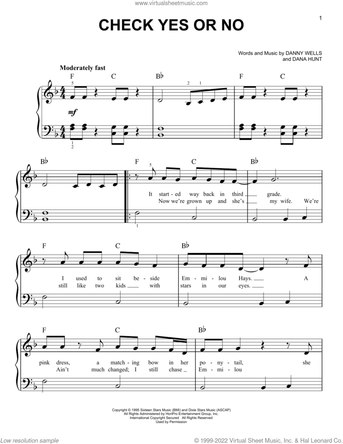 Check Yes Or No sheet music for piano solo by George Strait, Dana Hunt and Danny Wells, beginner skill level