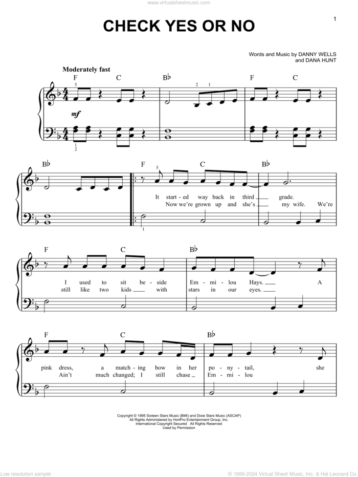 Check Yes Or No sheet music for piano solo by George Strait, Dana Hunt and Danny Wells, beginner skill level