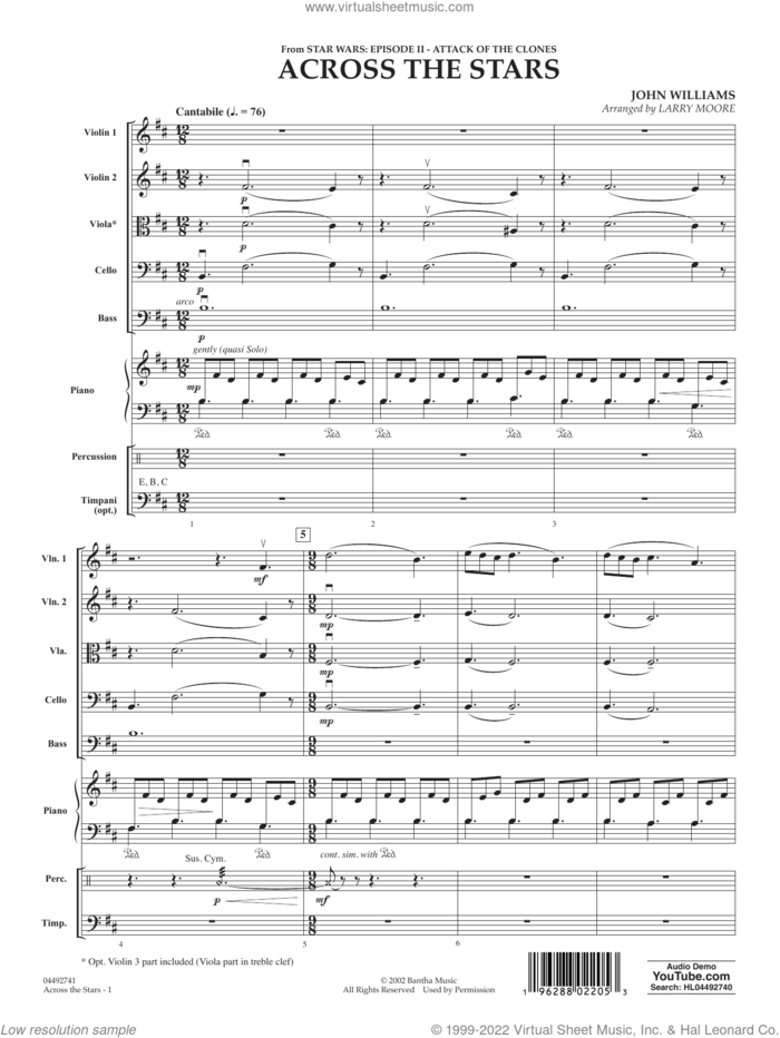Across The Stars (from Star Wars: Attack of the Clones) (arr. Moore) sheet music for orchestra (full score) by John Williams and Larry Moore, intermediate skill level