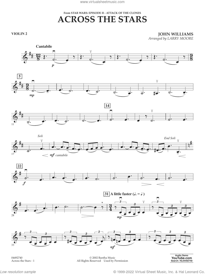 Across The Stars (from Star Wars: Attack of the Clones) (arr. Moore) sheet music for orchestra (violin 2) by John Williams and Larry Moore, intermediate skill level