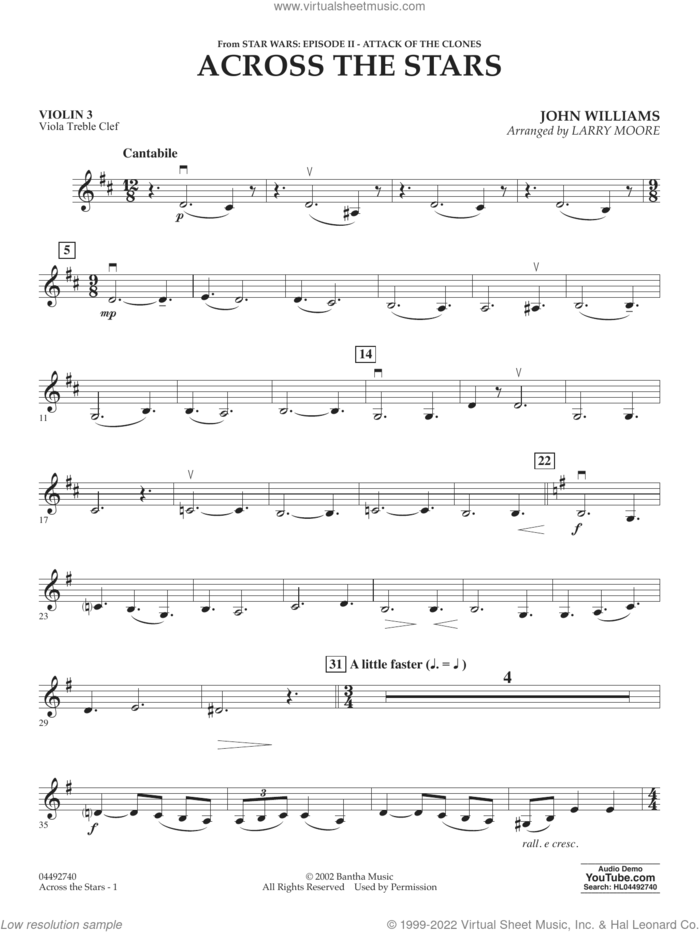 Across The Stars (from Star Wars: Attack of the Clones) (arr. Moore) sheet music for orchestra (violin 3, viola treble clef) by John Williams and Larry Moore, intermediate skill level