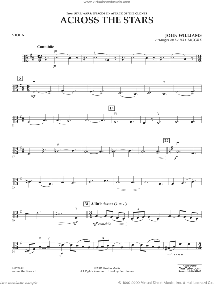 Across The Stars (from Star Wars: Attack of the Clones) (arr. Moore) sheet music for orchestra (viola) by John Williams and Larry Moore, intermediate skill level