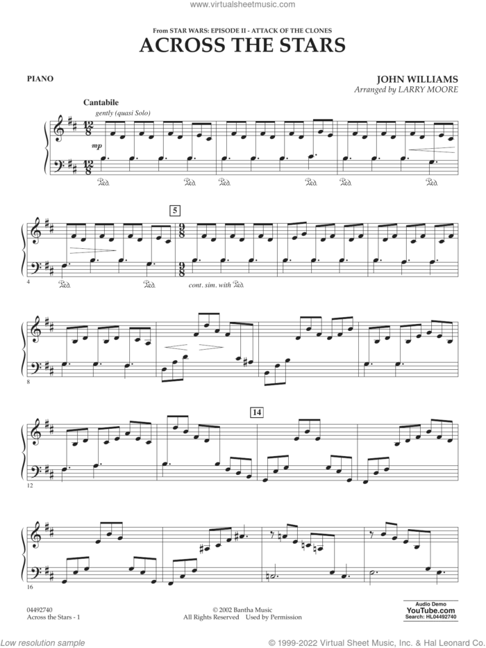 Across The Stars (from Star Wars: Attack of the Clones) (arr. Moore) sheet music for orchestra (piano) by John Williams and Larry Moore, intermediate skill level