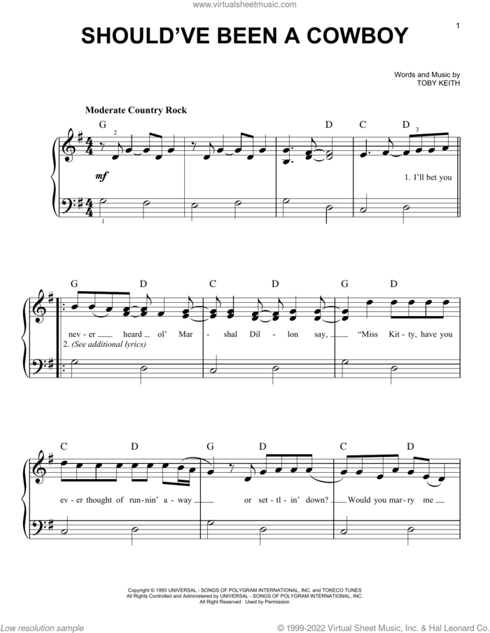 Should've Been A Cowboy sheet music for piano solo by Toby Keith, beginner skill level
