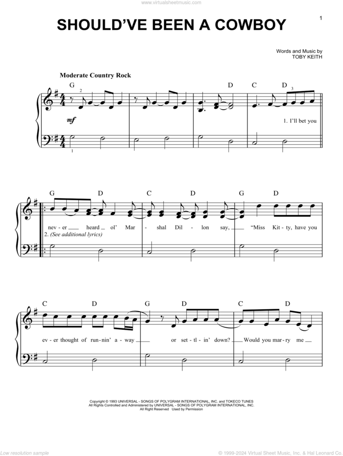 Should've Been A Cowboy sheet music for piano solo by Toby Keith, beginner skill level