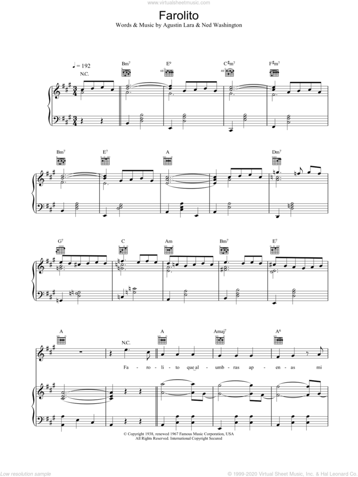 Farolito sheet music for voice, piano or guitar by Placido Domingo, classical score, intermediate skill level