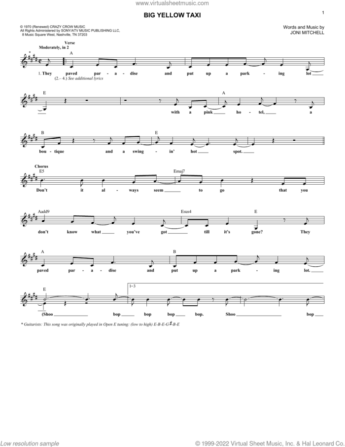 Big Yellow Taxi sheet music for voice and other instruments (fake book) by Joni Mitchell, intermediate skill level