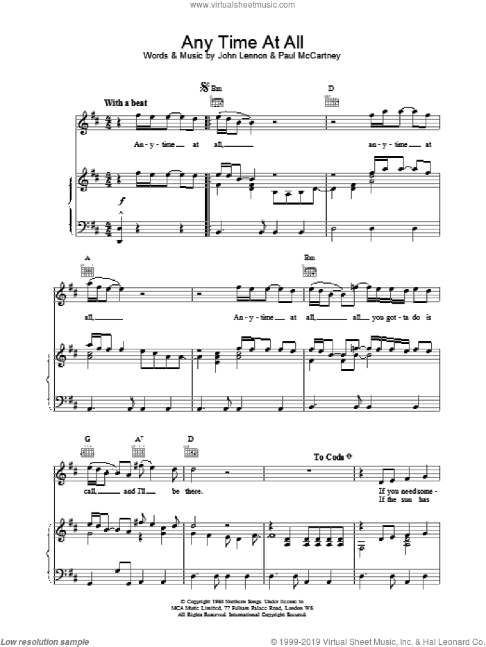 Any Time At All sheet music for voice, piano or guitar by The Beatles, intermediate skill level