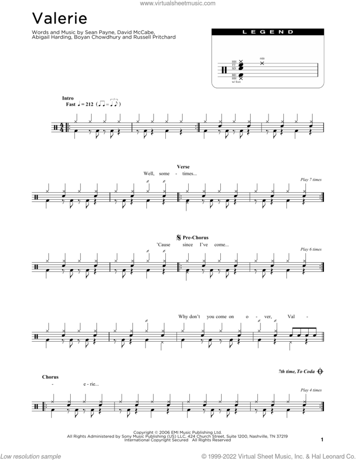 Valerie sheet music for drums (percussions) by Amy Winehouse, The Zutons, Abigail Harding, Boyan Chowdhury, David McCabe, Russell Pritchard and Sean Payne, intermediate skill level