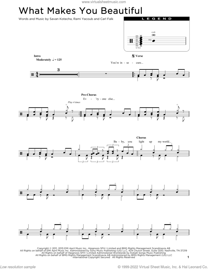 What Makes You Beautiful sheet music for drums (percussions) by One Direction, Carl Falk, Rami and Savan Kotecha, intermediate skill level