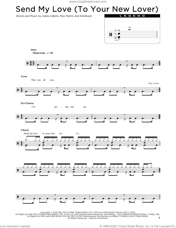 Send My Love (To Your New Lover) sheet music for drums (percussions) by Adele, Adele Adkins, Max Martin and Shellback, intermediate skill level