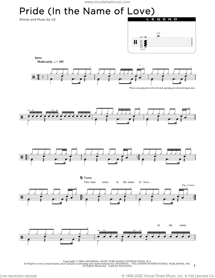 Pride (In The Name Of Love) sheet music for drums (percussions) by U2, intermediate skill level