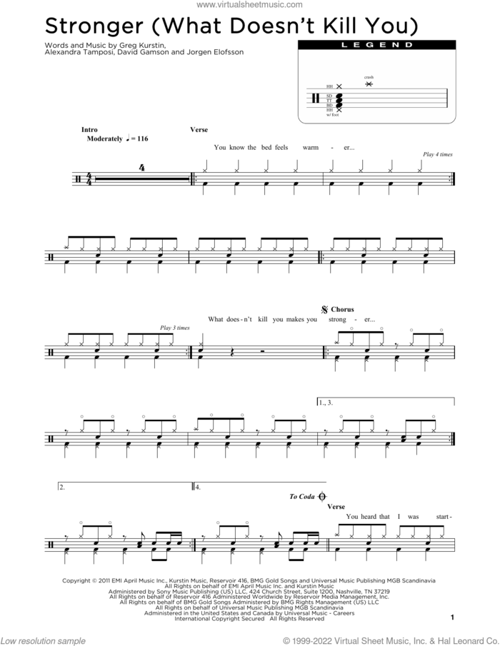 Stronger (What Doesn't Kill You) sheet music for drums (percussions) by Kelly Clarkson, Alexandra Tamposi, David Gamson, Greg Kurstin and Jorgen Elofsson, intermediate skill level