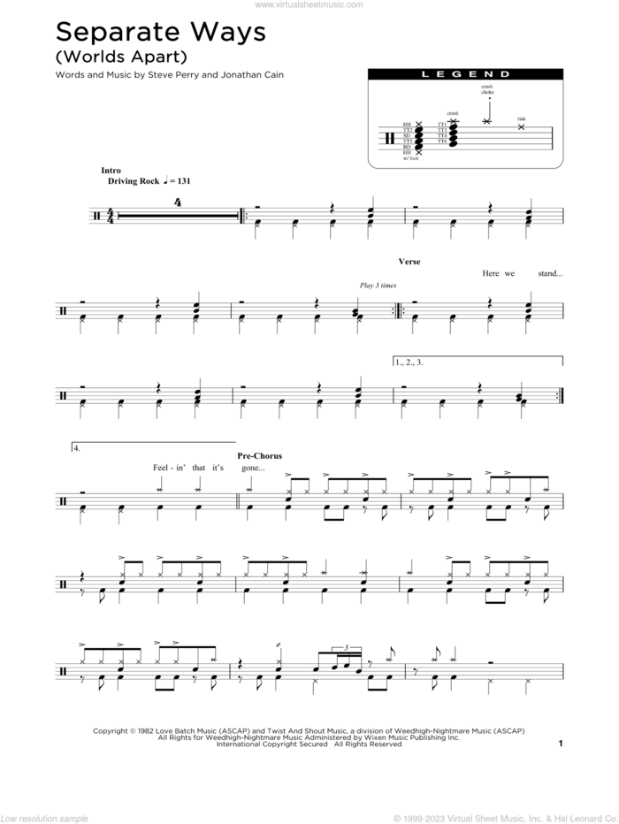 Separate Ways (Worlds Apart) sheet music for drums (percussions) by Journey, Jonathan Cain and Steve Perry, intermediate skill level