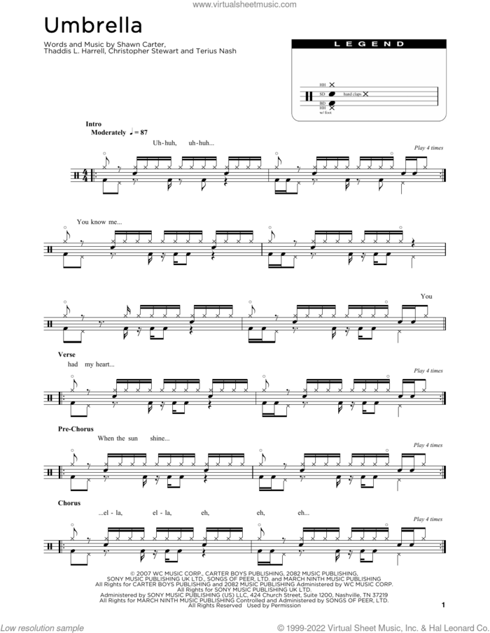 Umbrella sheet music for drums (percussions) by Rihanna featuring Jay-Z, Christopher Stewart, Shawn Carter, Terius Nash and Thaddis Harrell, intermediate skill level
