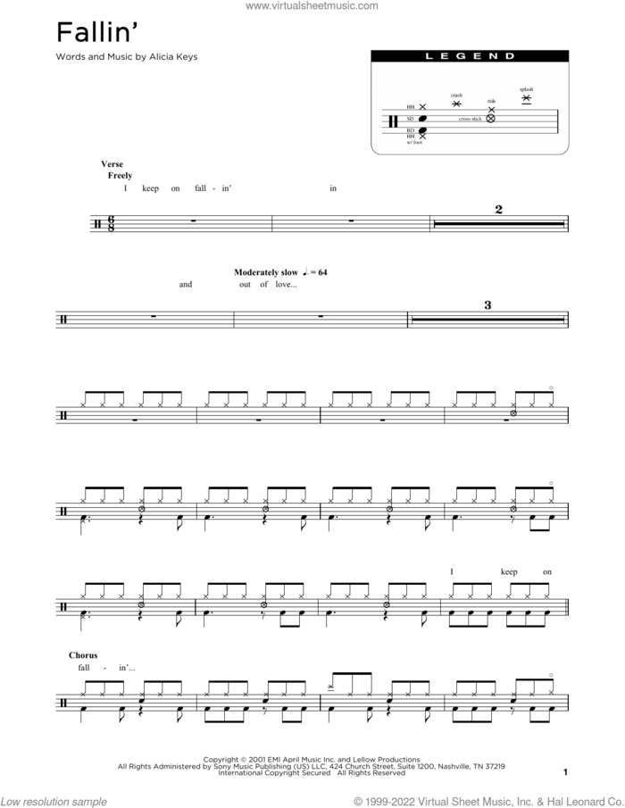 Fallin' sheet music for drums (percussions) by Alicia Keys, intermediate skill level