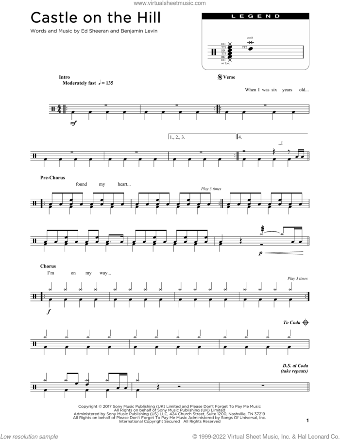 Castle On The Hill sheet music for drums (percussions) by Ed Sheeran and Benjamin Levin, intermediate skill level