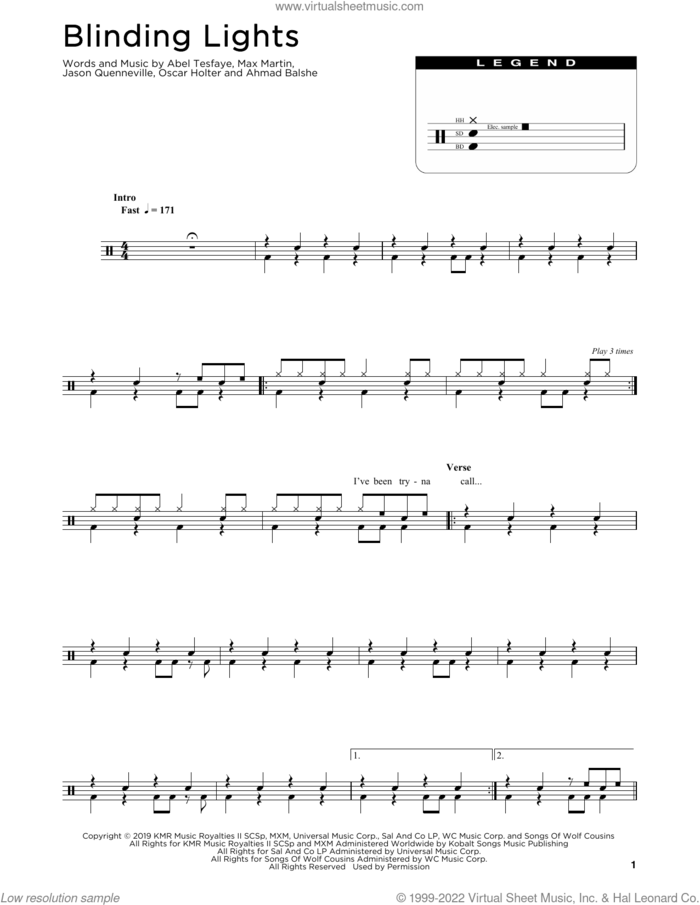 Blinding Lights sheet music for drums (percussions) by The Weeknd, Abel Tesfaye, Ahmad Balshe, Jason Quenneville, Max Martin and Oscar Holter, intermediate skill level