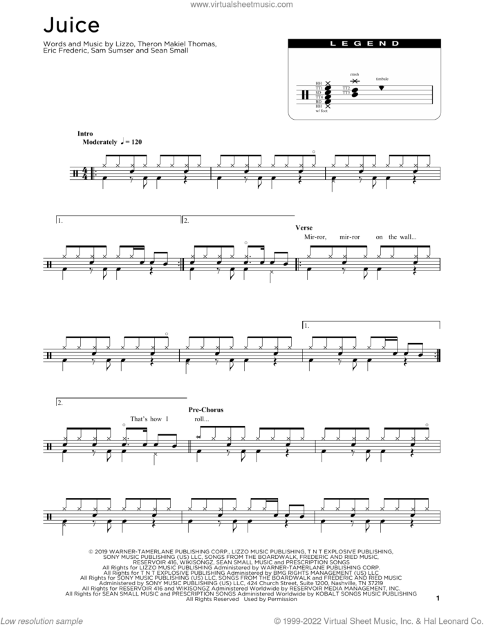 Juice sheet music for drums (percussions) by Lizzo, Eric Frederic, Sam Sumser, Sean Small and Theron Thomas, intermediate skill level