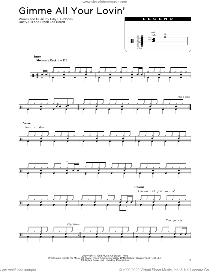 Gimme All Your Lovin' sheet music for drums (percussions) by ZZ Top, Billy Gibbons, Dusty Hill and Frank Beard, intermediate skill level