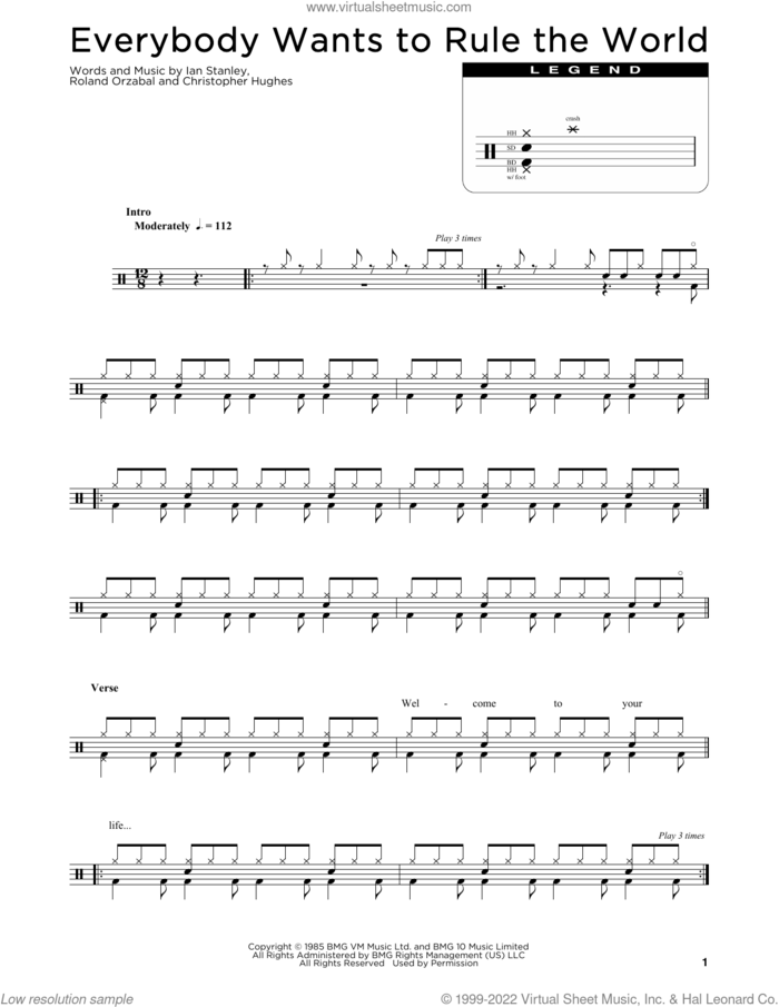 Everybody Wants To Rule The World sheet music for drums (percussions) by Tears For Fears, Christopher Hughes, Ian Stanley and Roland Orzabal, intermediate skill level