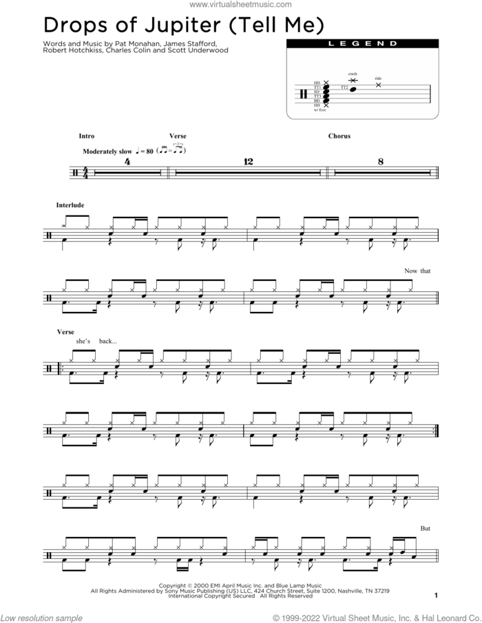 Drops Of Jupiter (Tell Me) sheet music for drums (percussions) by Train, Charles Colin, James Stafford, Pat Monahan, Robert Hotchkiss and Scott Underwood, intermediate skill level
