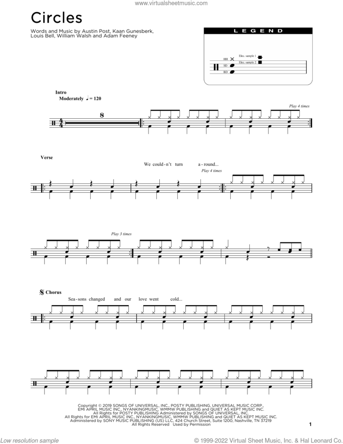 Circles sheet music for drums (percussions) by Post Malone, Adam Feeney, Austin Post, Kaan Gunesberk, Louis Bell and William Walsh, intermediate skill level