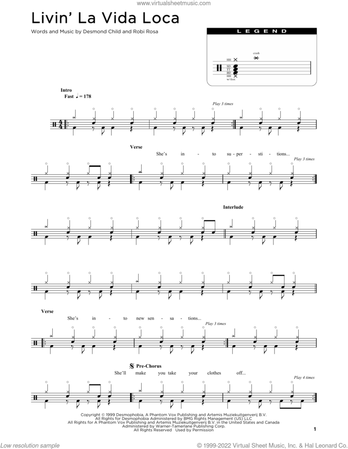 Livin' La Vida Loca sheet music for drums (percussions) by Ricky Martin, Desmond Child and Robi Rosa, intermediate skill level
