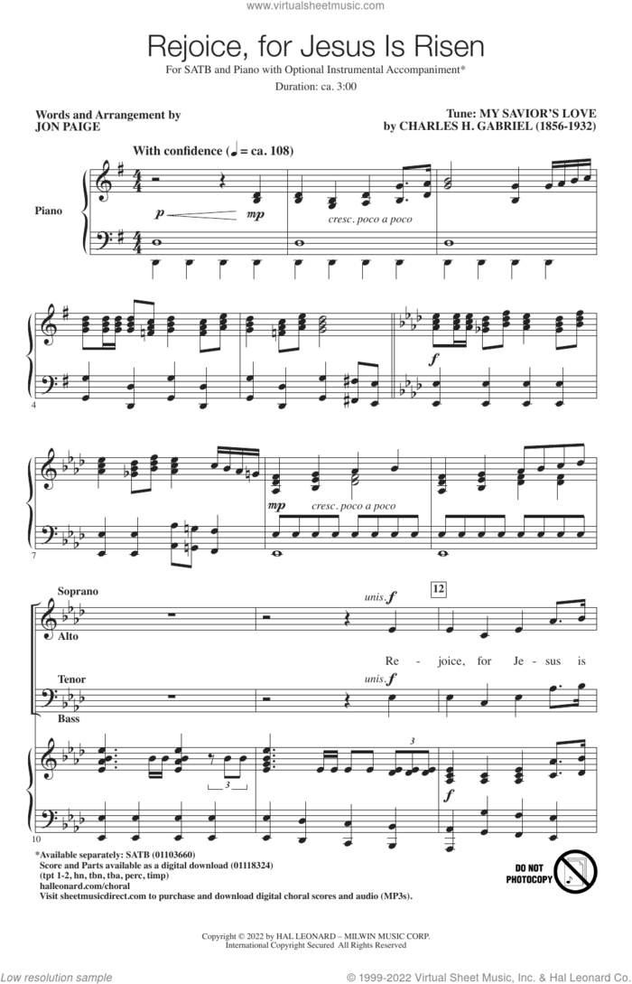 Rejoice, For Jesus Is Risen sheet music for choir (SATB: soprano, alto, tenor, bass) by Jon Paige, intermediate skill level
