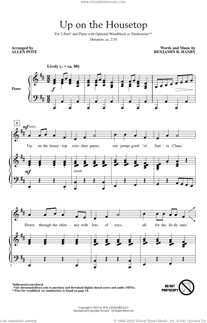 Up On The Housetop (arr. Allen Pote) sheet music for choir (2-Part) by Benjamin Hanby and Allen Pote, intermediate duet
