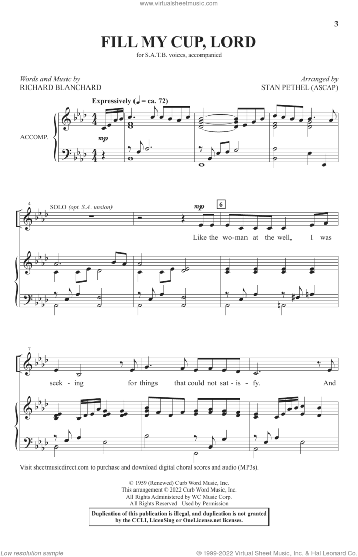 Fill My Cup, Lord (arr. Stan Pethel) sheet music for choir (SATB: soprano, alto, tenor, bass) by Richard Blanchard and Stan Pethel, intermediate skill level
