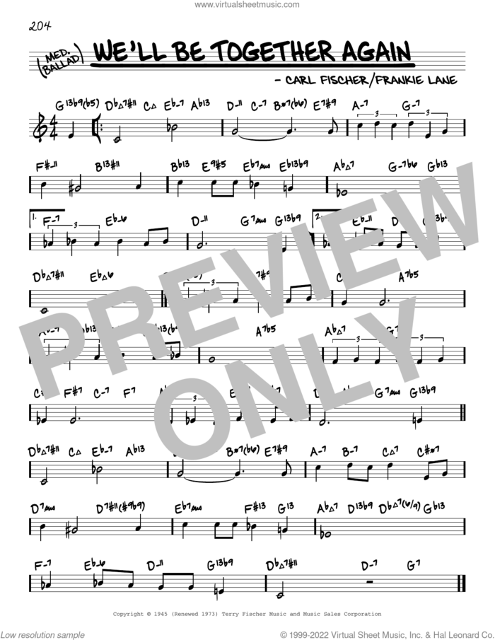 We'll Be Together Again (arr. David Hazeltine) sheet music for voice and other instruments (real book) by Frankie Laine, David Hazeltine and Carl Fischer, intermediate skill level