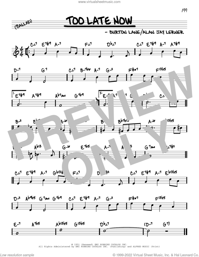 Too Late Now (arr. David Hazeltine) sheet music for voice and other instruments (real book) by Alan Jay Lerner, David Hazeltine, Alan Jay Lerner & Burton Lane and Burton Lane, intermediate skill level