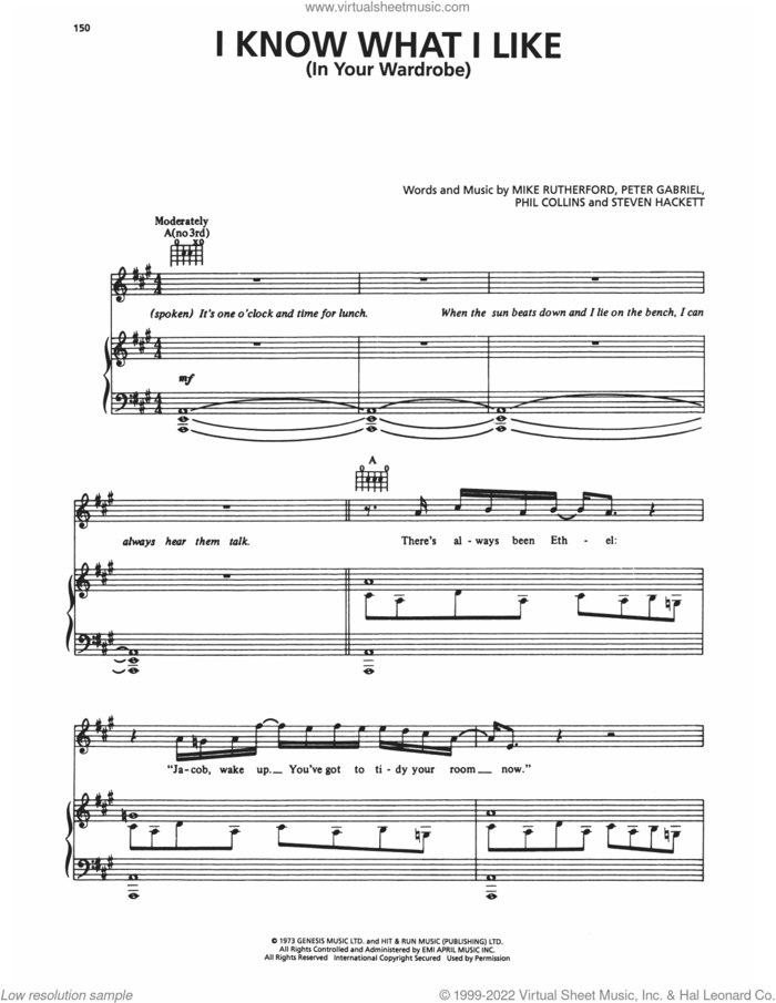 I Know What I Like (In Your Wardrobe) sheet music for voice, piano or guitar by Genesis, Mike Rutherford, Peter Gabriel, Phil Collins and Steven Hackett, intermediate skill level