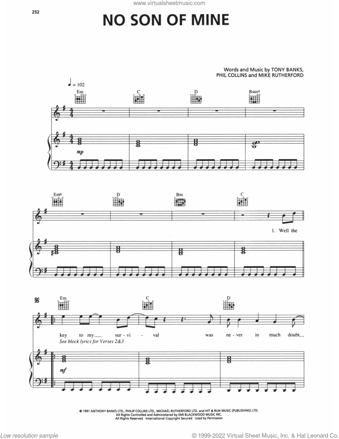 No Son Of Mine sheet music for voice, piano or guitar by Genesis, Mike Rutherford, Phil Collins and Tony Banks, intermediate skill level