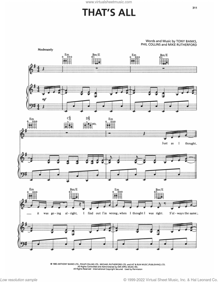 That's All sheet music for voice, piano or guitar by Genesis, Mike Rutherford, Phil Collins and Tony Banks, intermediate skill level