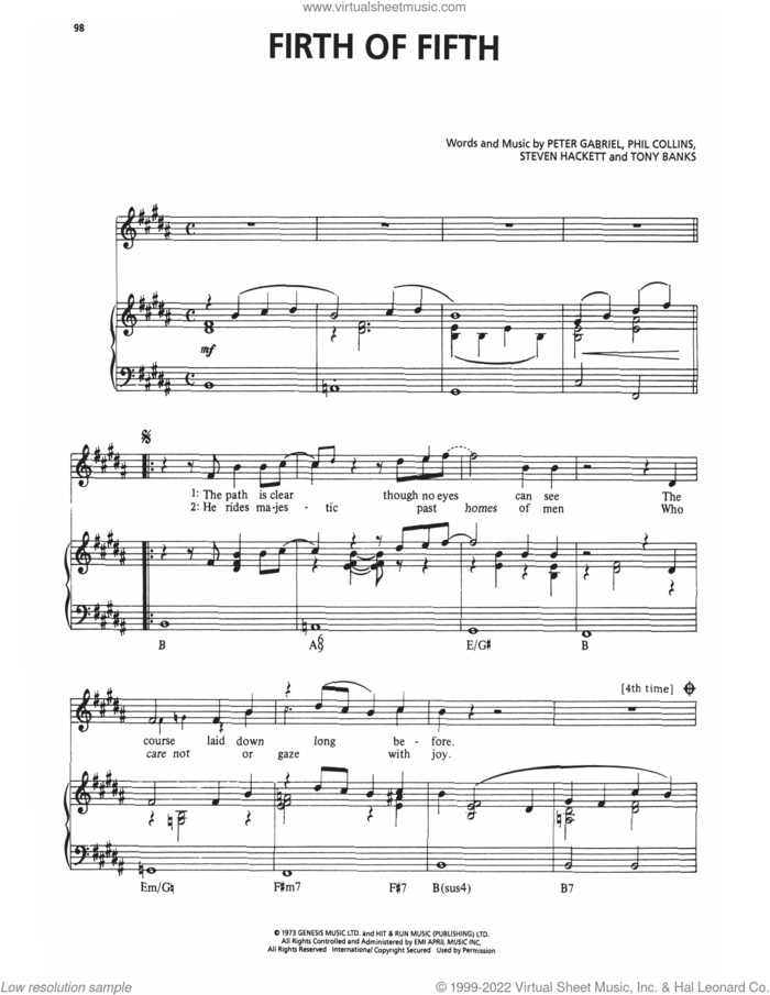 Firth Of Fifth sheet music for voice, piano or guitar by Genesis, Michael Rutherford, Peter Gabriel, Phil Collins, Steven Hackett and Tony Banks, intermediate skill level