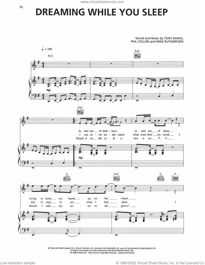 Dreaming While You Sleep sheet music for voice, piano or guitar by Genesis, Mike Rutherford, Phil Collins and Tony Banks, intermediate skill level