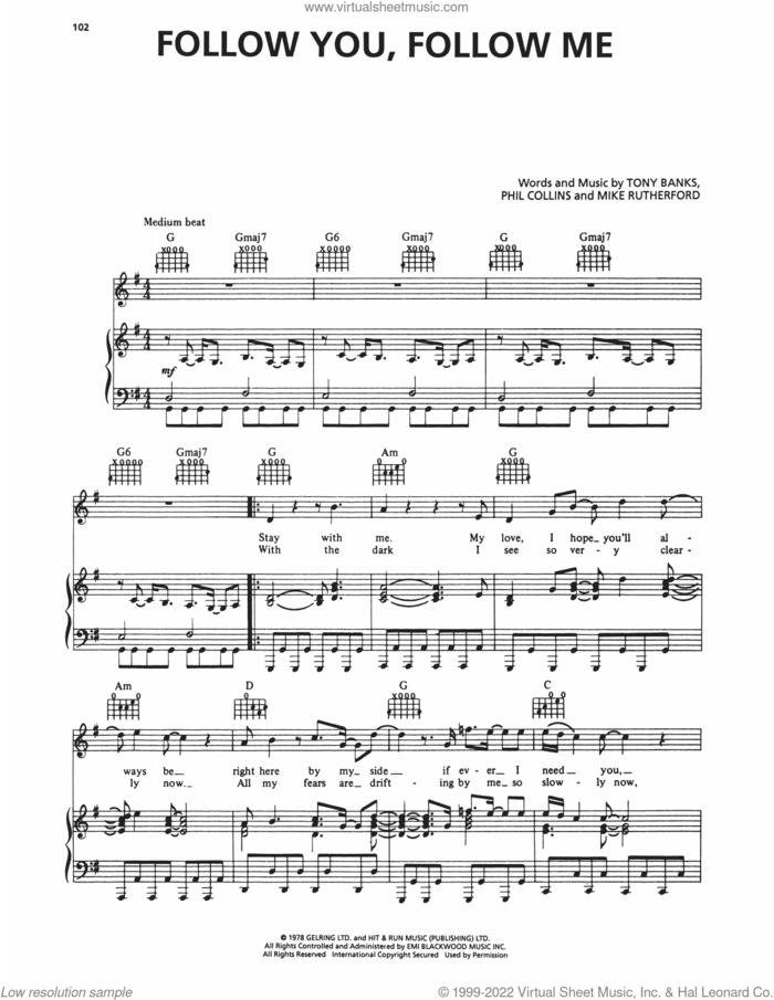 Follow You, Follow Me sheet music for voice, piano or guitar by Genesis, Mike Rutherford, Phil Collins and Tony Banks, intermediate skill level