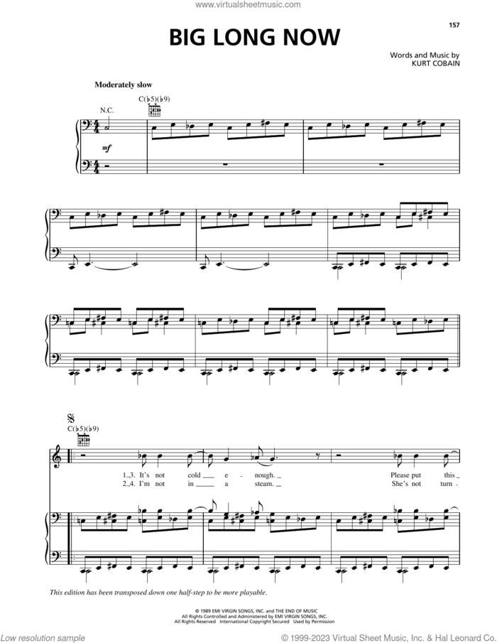 Big Long Now sheet music for voice, piano or guitar by Nirvana and Kurt Cobain, intermediate skill level