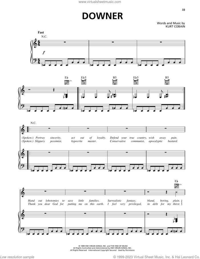 Downer sheet music for voice, piano or guitar by Nirvana and Kurt Cobain, intermediate skill level